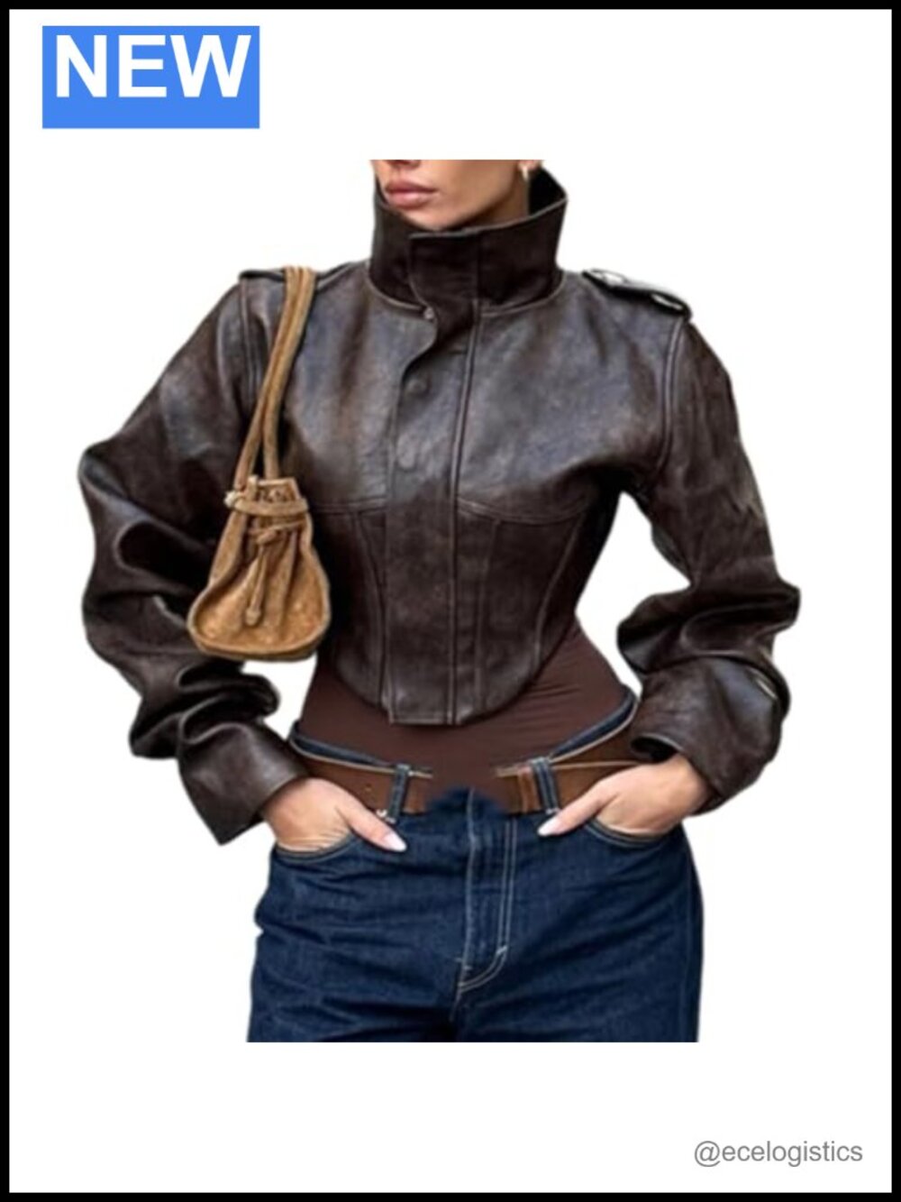 Womens Faux Leather Cropped Jacket Long Sleeve High Neck Casual Coat